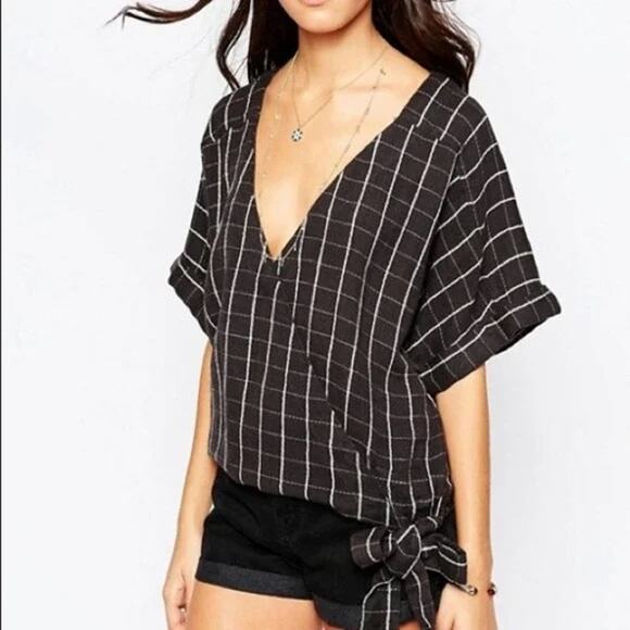 Free People Wrap Top Womens M Black White Windowpane Oversized Cotton Linen - Picture 1 of 8